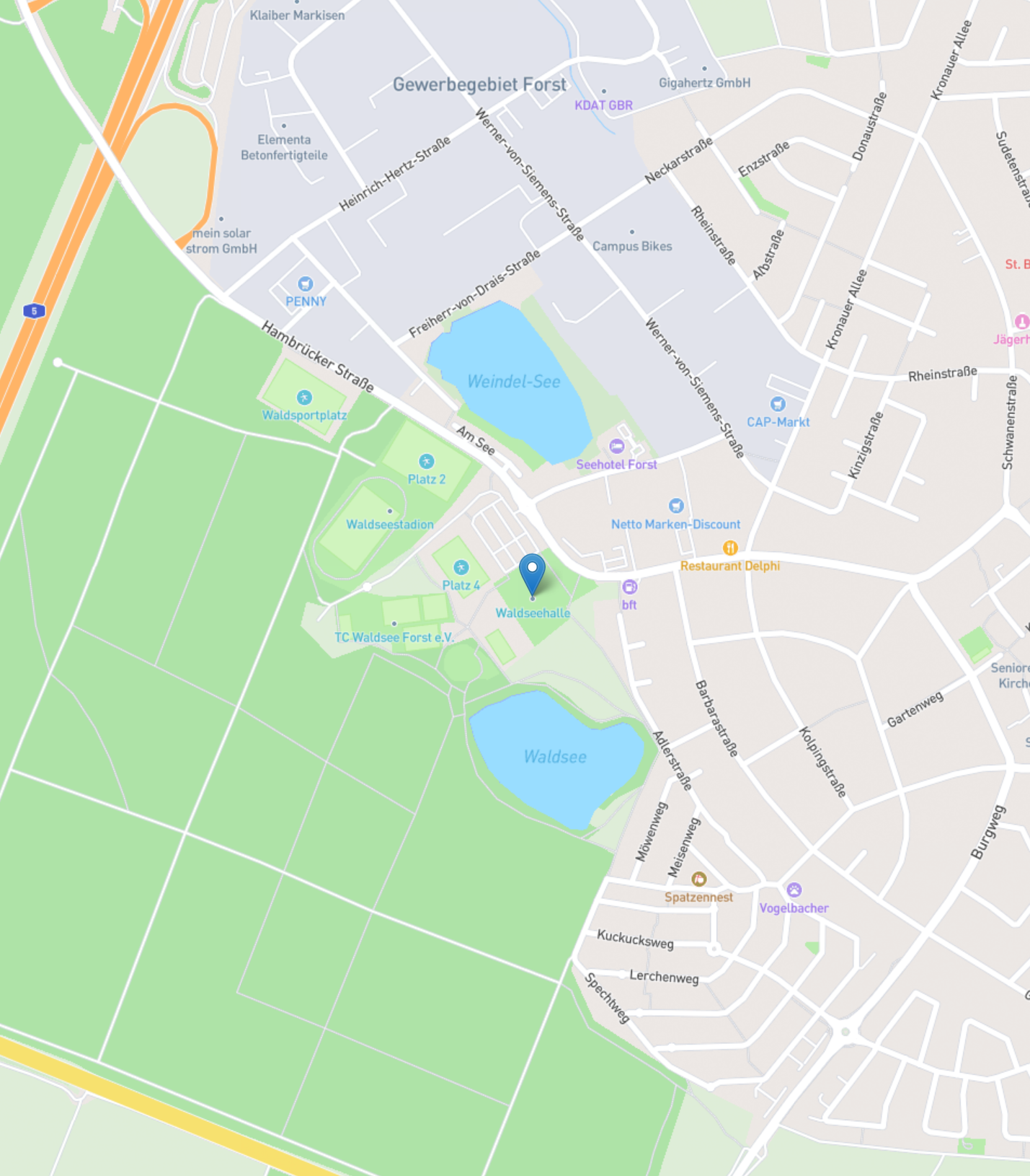 Eine Landkarte von Forst rund um die Waldseehalle.